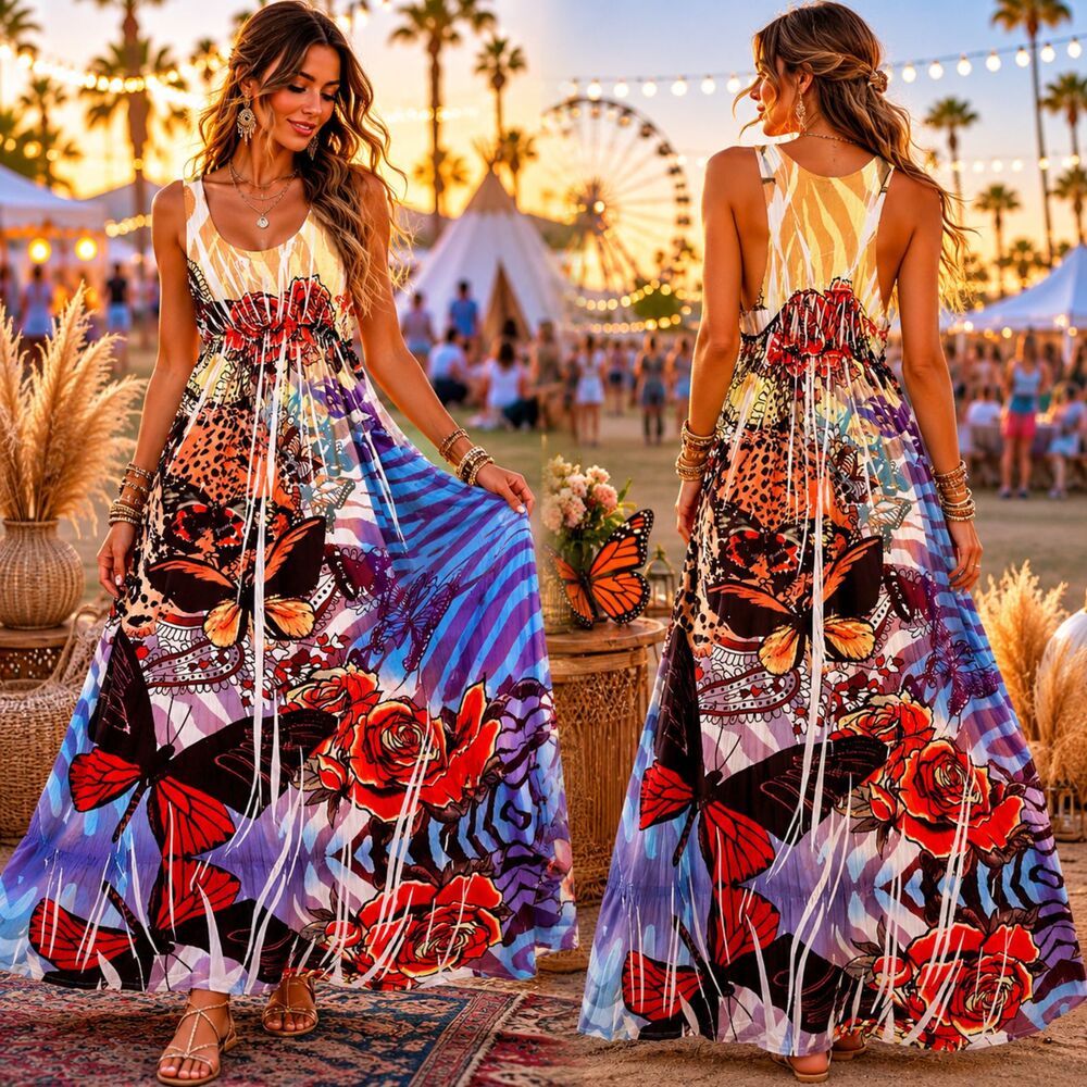 Butterfly Floral Maxi Dress Large Y2K Boho Festival Tattoo Art Flowing Dreamy